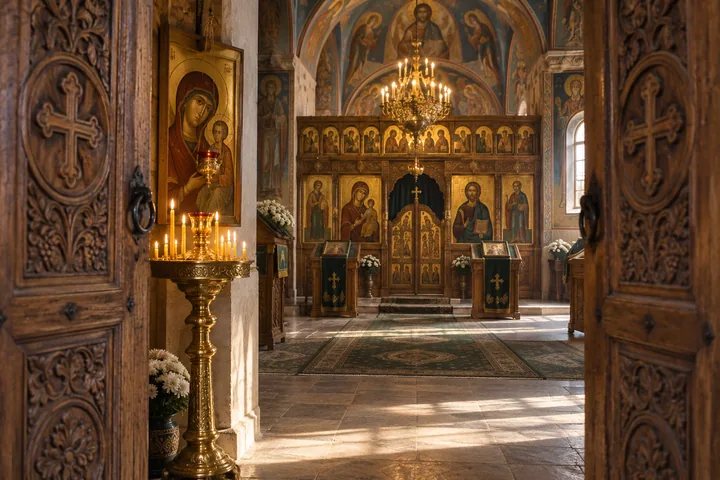 Intrare într-o biserică ortodoxă, cu iconostas și lumânări.