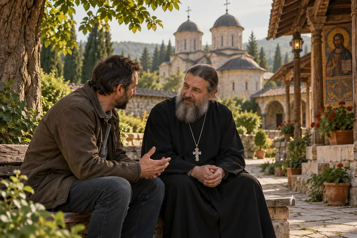 Preot ortodox ascultând un credincios în curtea unei mănăstiri.