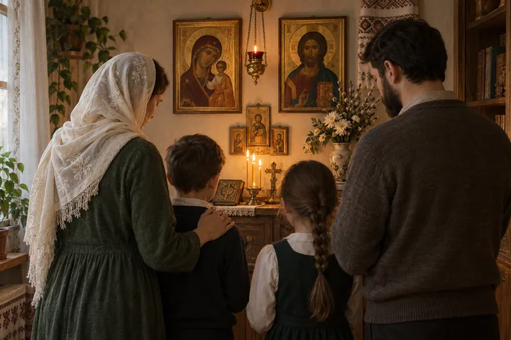 Familie la rugăciune înaintea icoanelor ortodoxe.