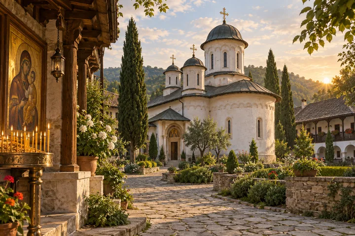 Biserică și curte de mănăstire în tradiția ortodoxă.